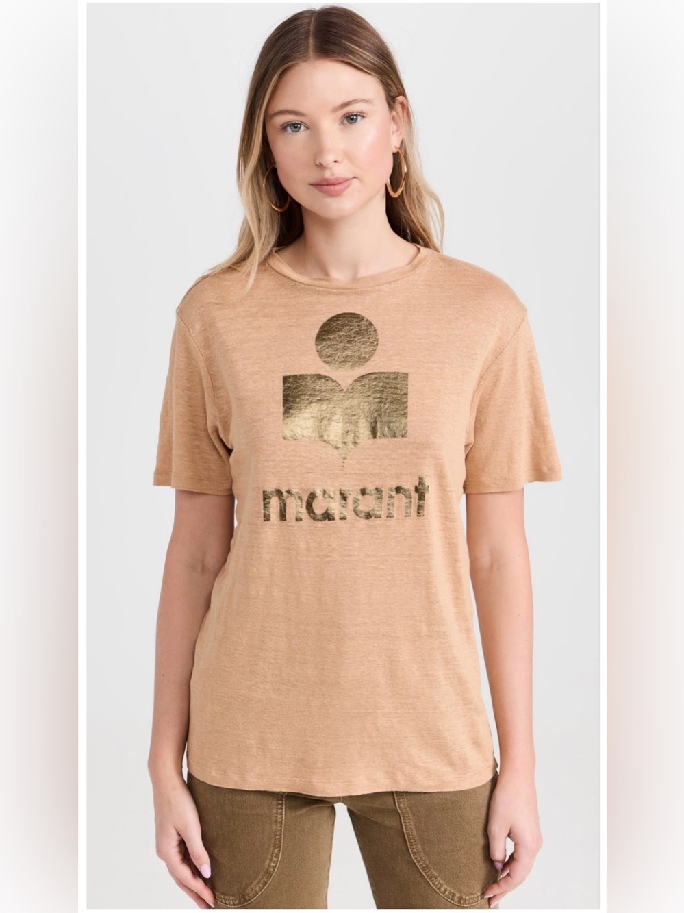 Isabel Marant Etoile Zewel Logo T-Shirt in Camel and Gold Metallic